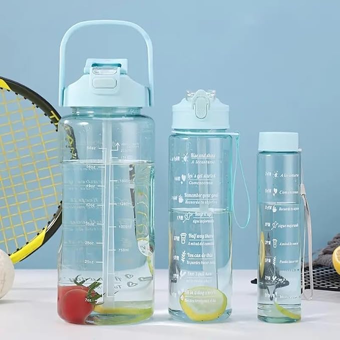 Plastic Set Of 3 Water Bottle 2000ML, 900ML, 300ML With Motivational Time Marker
