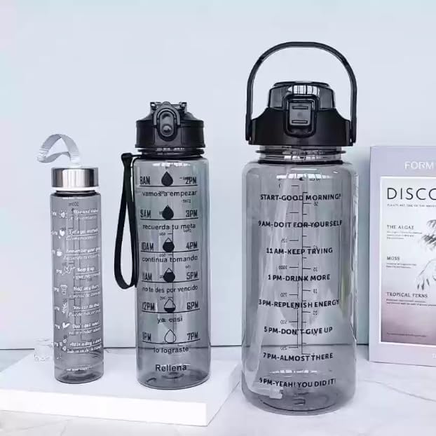 Plastic Set Of 3 Water Bottle 2000ML, 900ML, 300ML With Motivational Time Marker