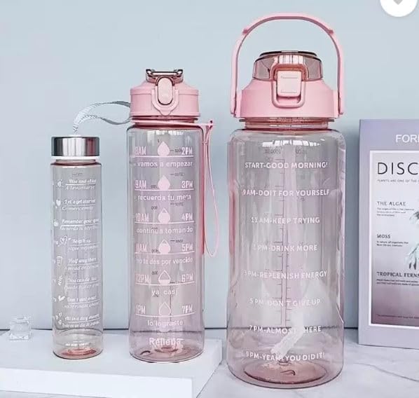 Plastic Set Of 3 Water Bottle 2000ML, 900ML, 300ML With Motivational Time Marker