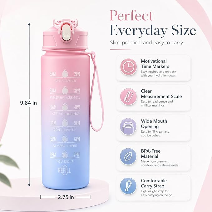 1 Liter Motivational Water Bottle with Straw & Time Marker