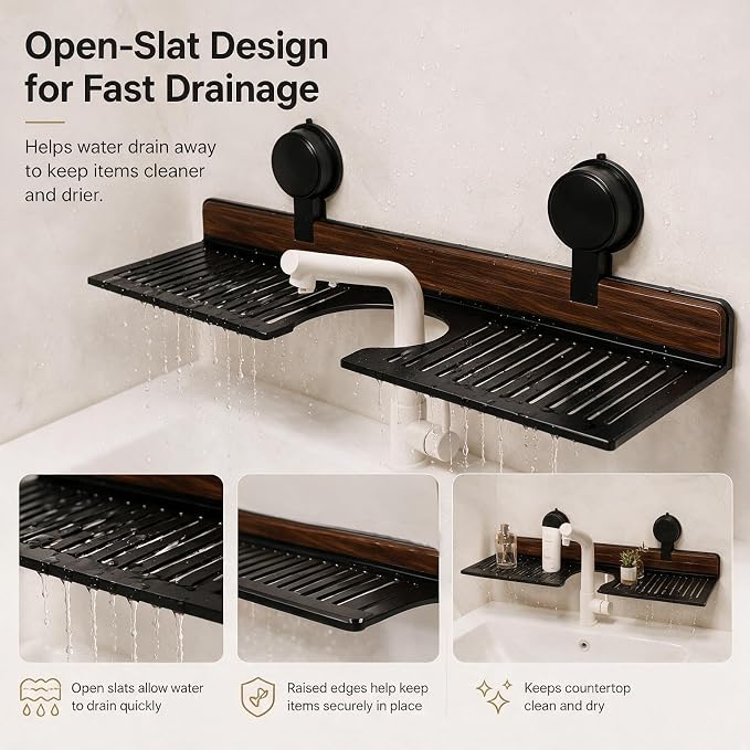 Wall Mounted Suction Shelf Walnut Bathroom Kitchen Shelf