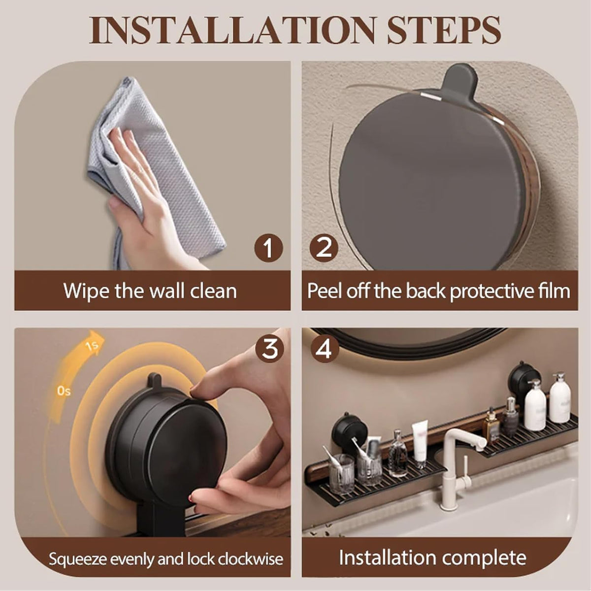 Wall Mounted Suction Shelf Walnut Bathroom Kitchen Shelf