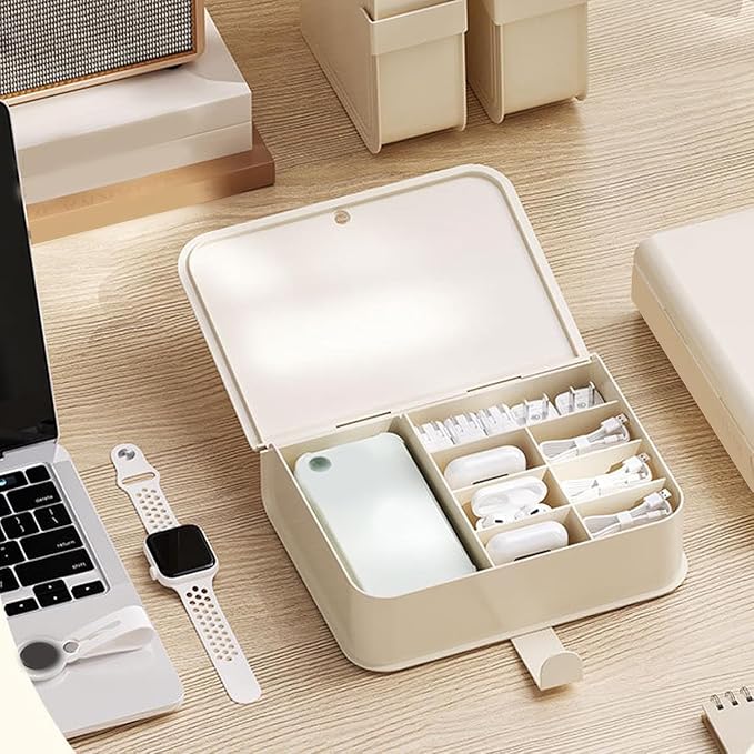 House of Quirk Plastic Cable Organizer Box with Lid and 8 Compartment