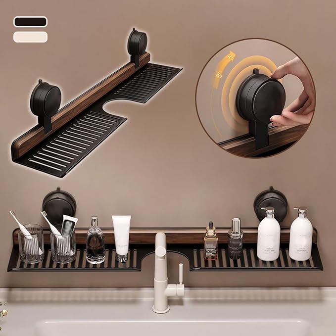 Wall Mounted Suction Shelf Walnut Bathroom Kitchen Shelf