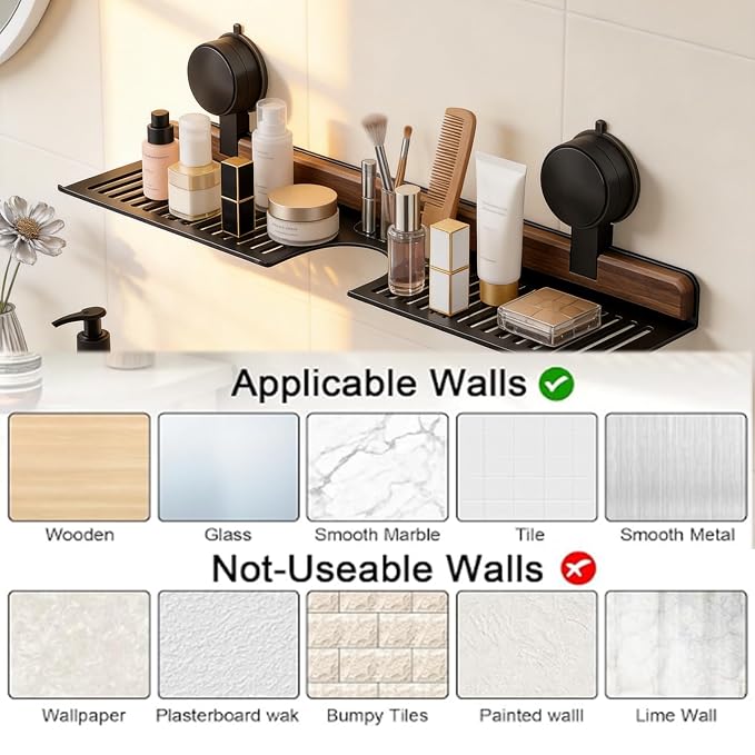 Wall Mounted Suction Shelf Walnut Bathroom Kitchen Shelf