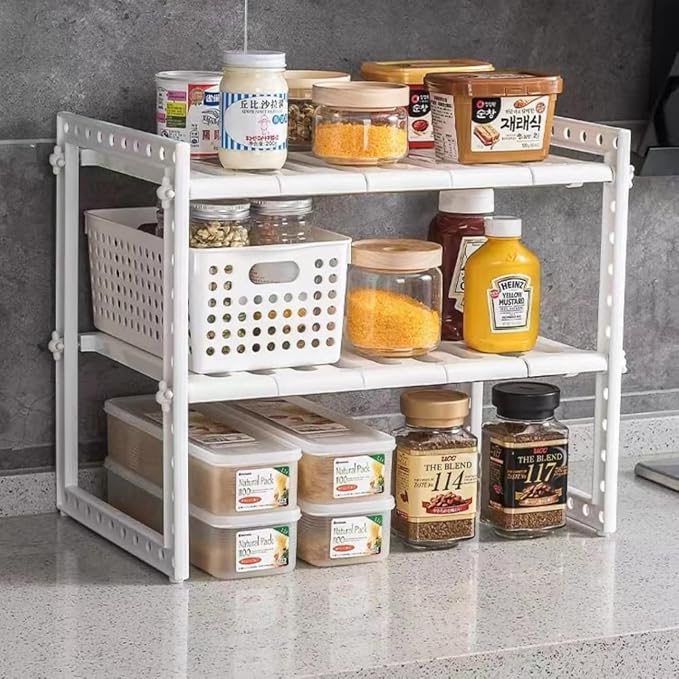 Under Sink Storage Organizer Rack, Expandable 2 Tier Holder