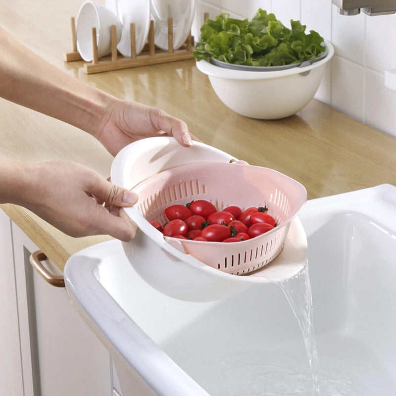 Double Drain Basket Bowl Rice Washing Kitchen Sink Strainer