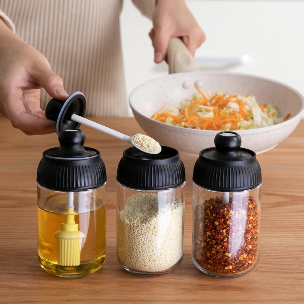3Pcs Portable Spice jar kit Oil Brush, Honey Lid, Seal Seasoning Spoon,