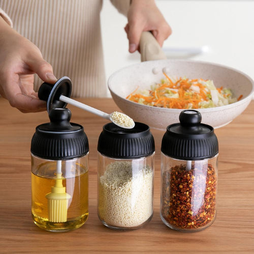 3Pcs Portable Spice jar kit Oil Brush, Honey Lid, Seal Seasoning Spoon,