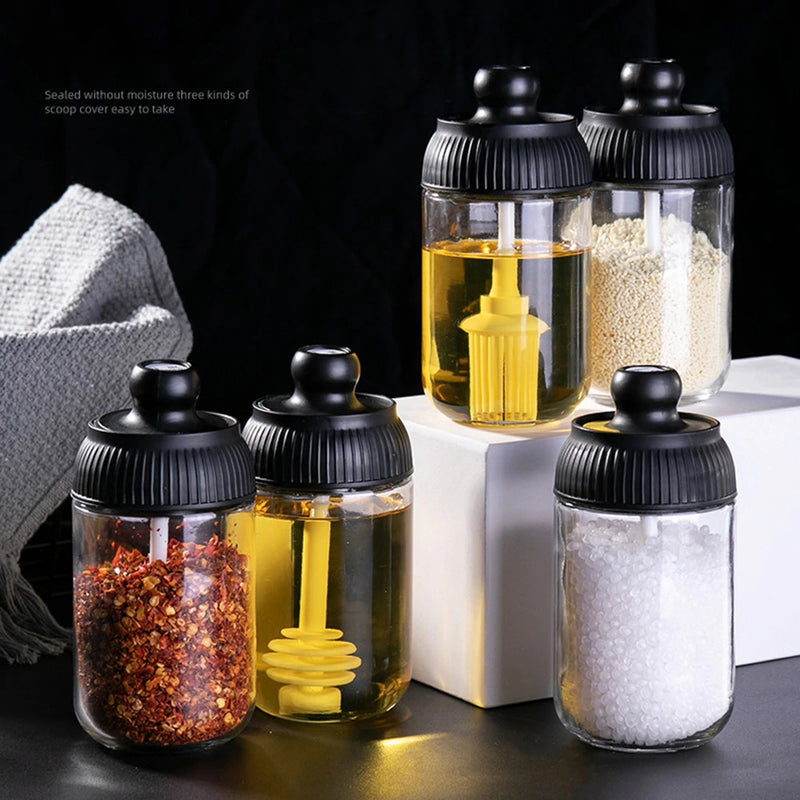 3Pcs Portable Spice jar kit Oil Brush, Honey Lid, Seal Seasoning Spoon,