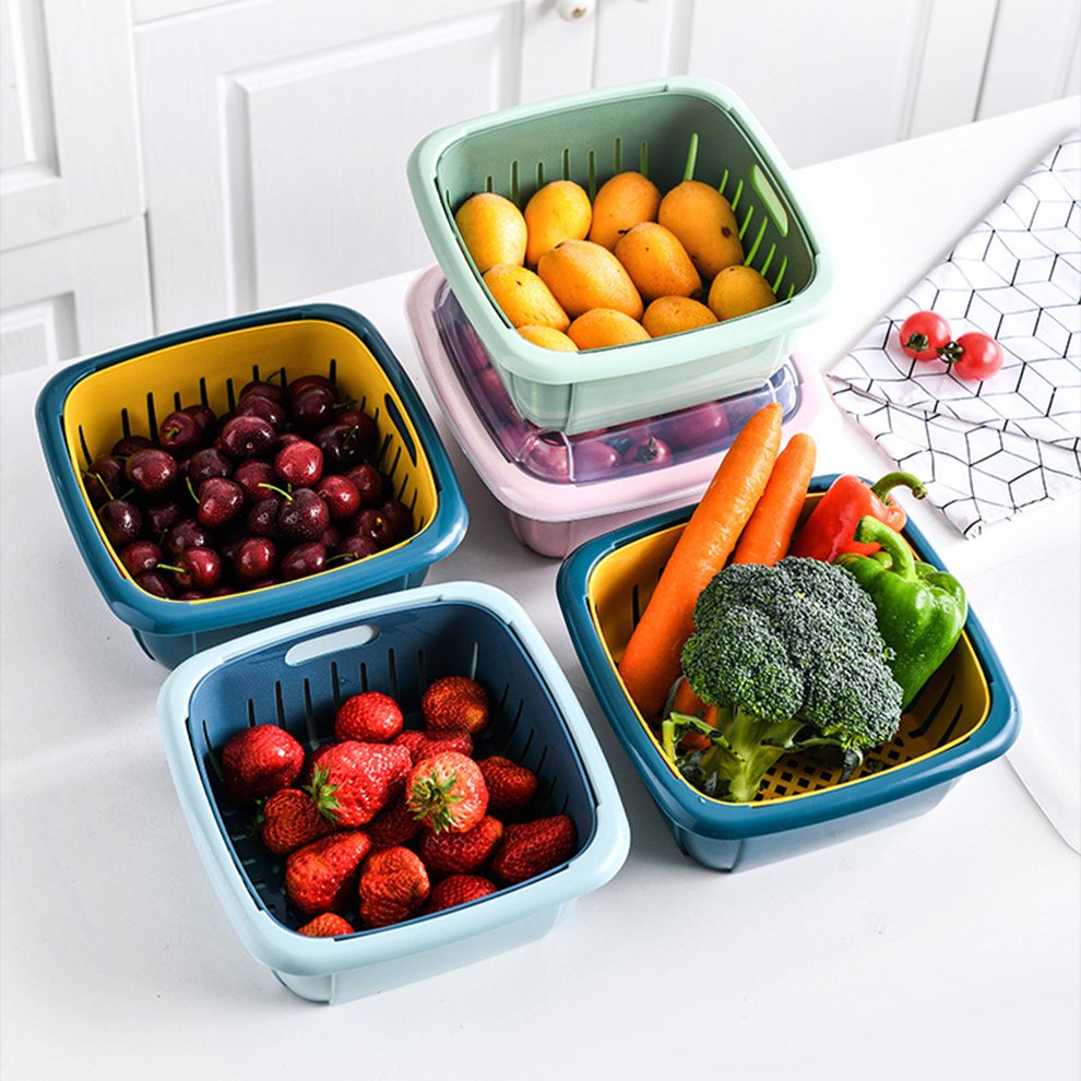 Double-Layer Refrigerator Drain Storage Basket With Lid