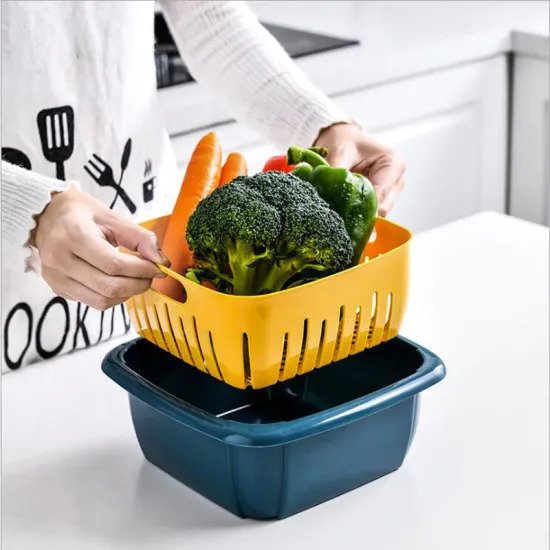 Double-Layer Refrigerator Drain Storage Basket With Lid